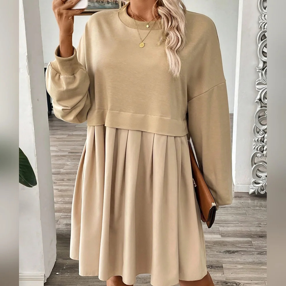 Round Neck Lantern Sleeve Pleated Long Sleeve Sweatshirt Dress - Picture 4 of 5